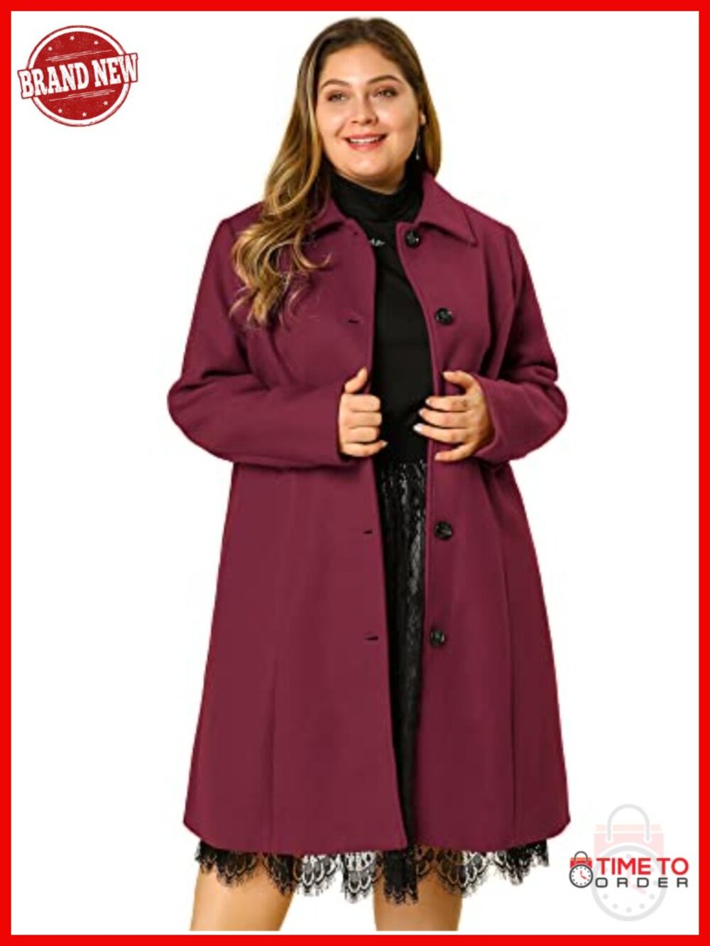Women Plus Size Wool Peacoat - Fully Lined Belted Long Trench Coat